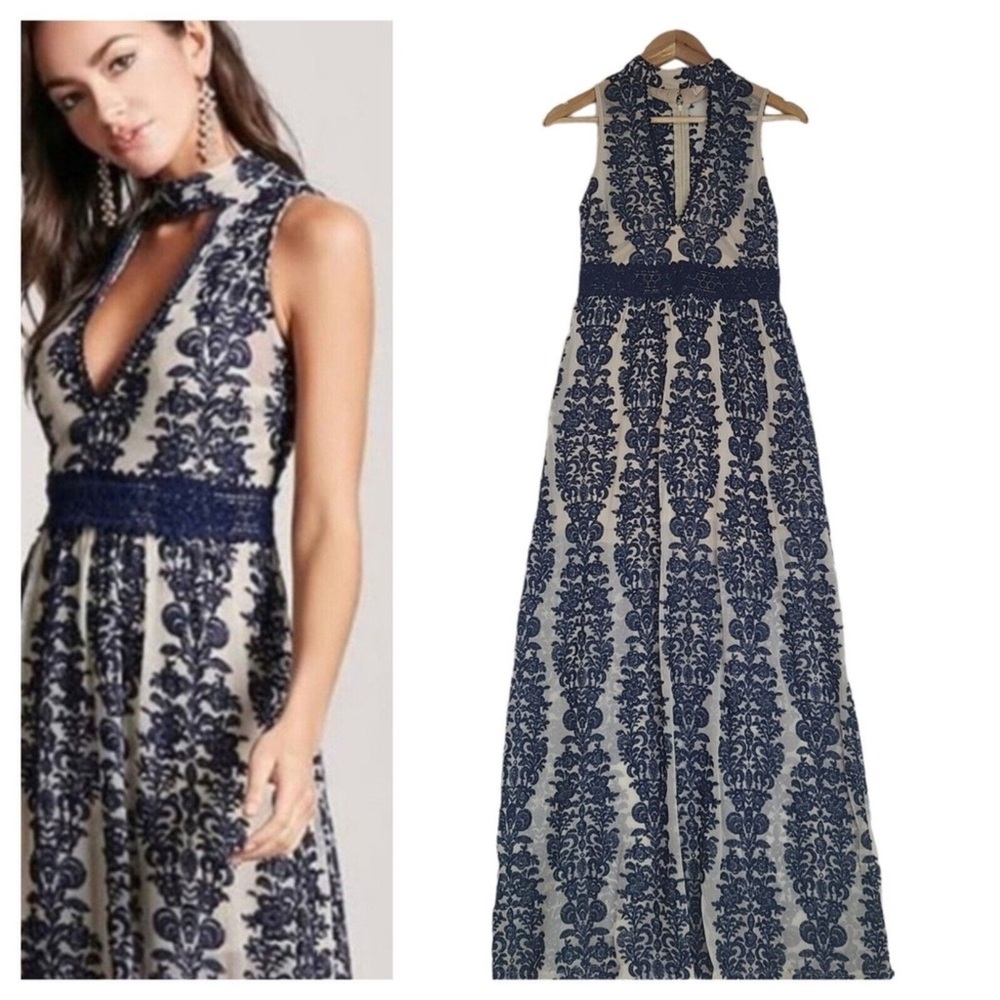Grayson sheer lace mesh lined navy lace maxi deep v dress